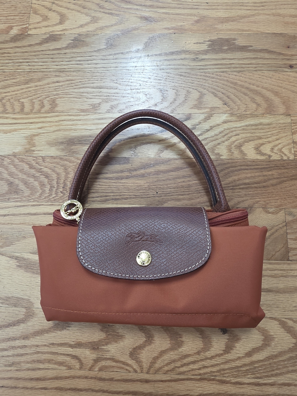 Longchamp Small Tote in Rust Orange with Brown Trim